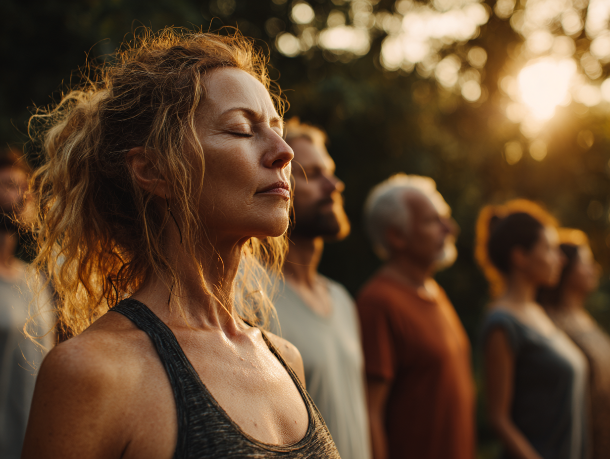 Група практикуючих йогу різного віку в студії